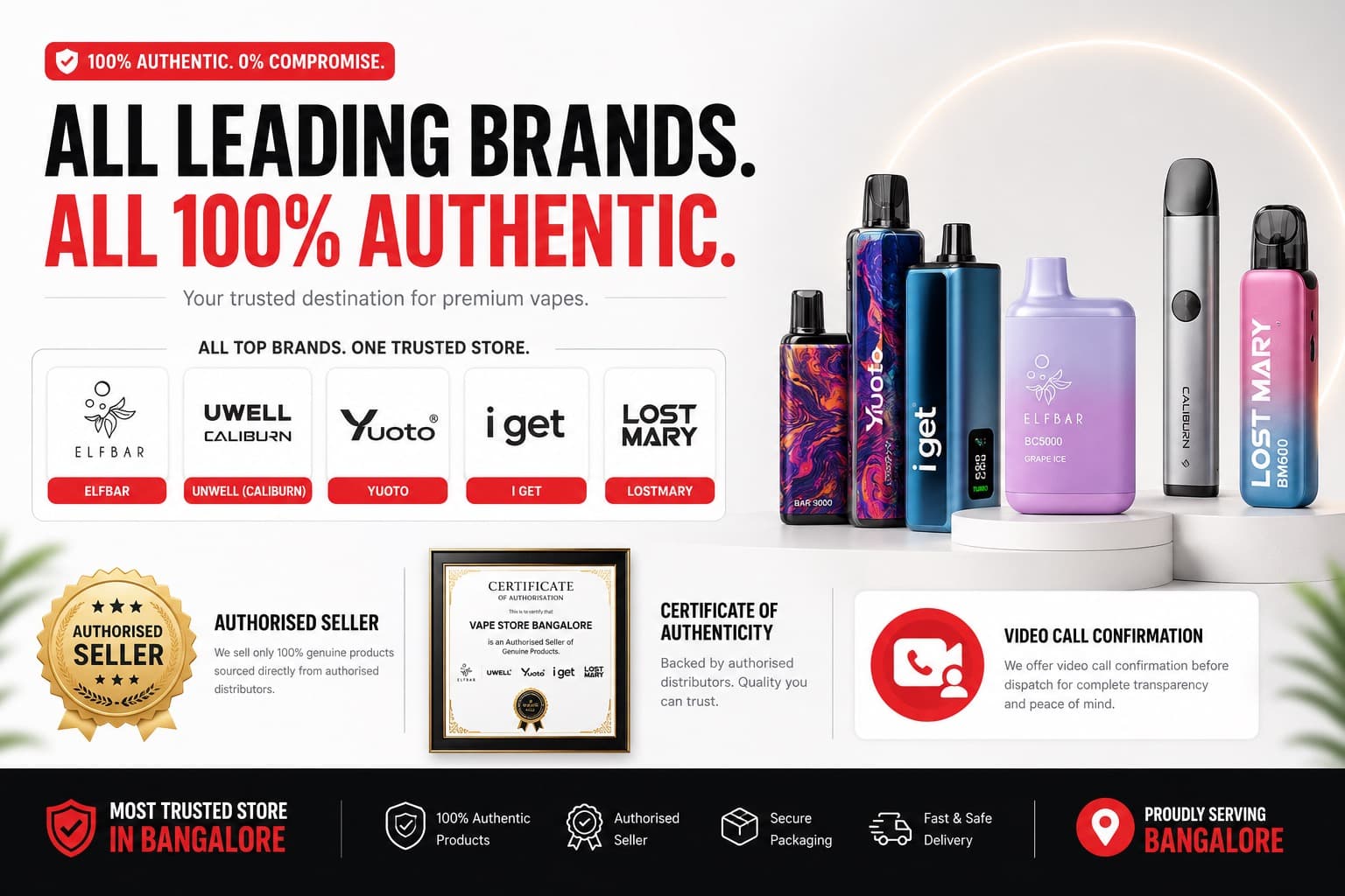 All leading vape brands in Pune — Elfbar, Uwell Caliburn, Yuoto, IGET, Lost Mary — 100% authentic authorized seller